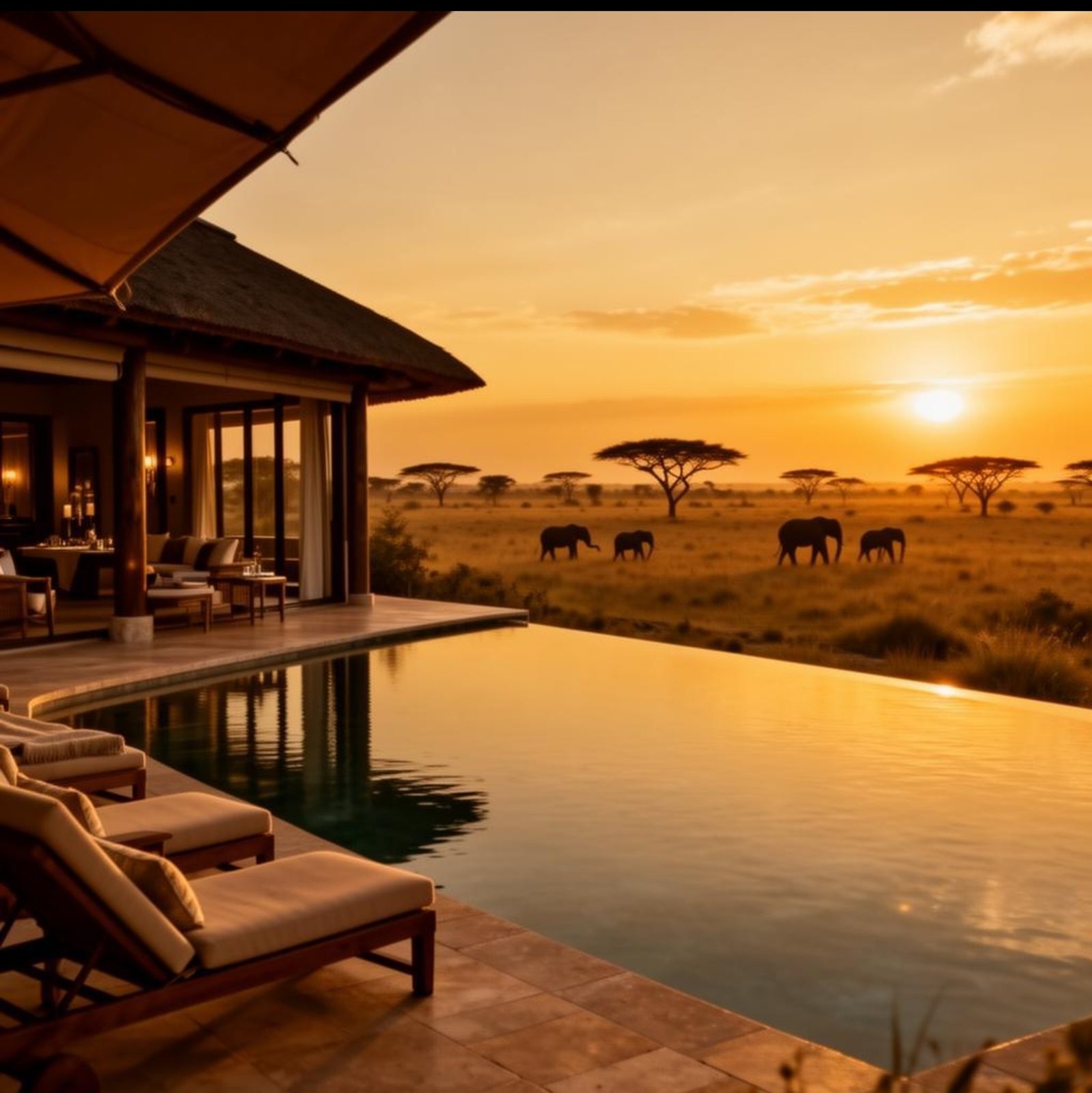 Lodge pool overlooking elephants at sunset