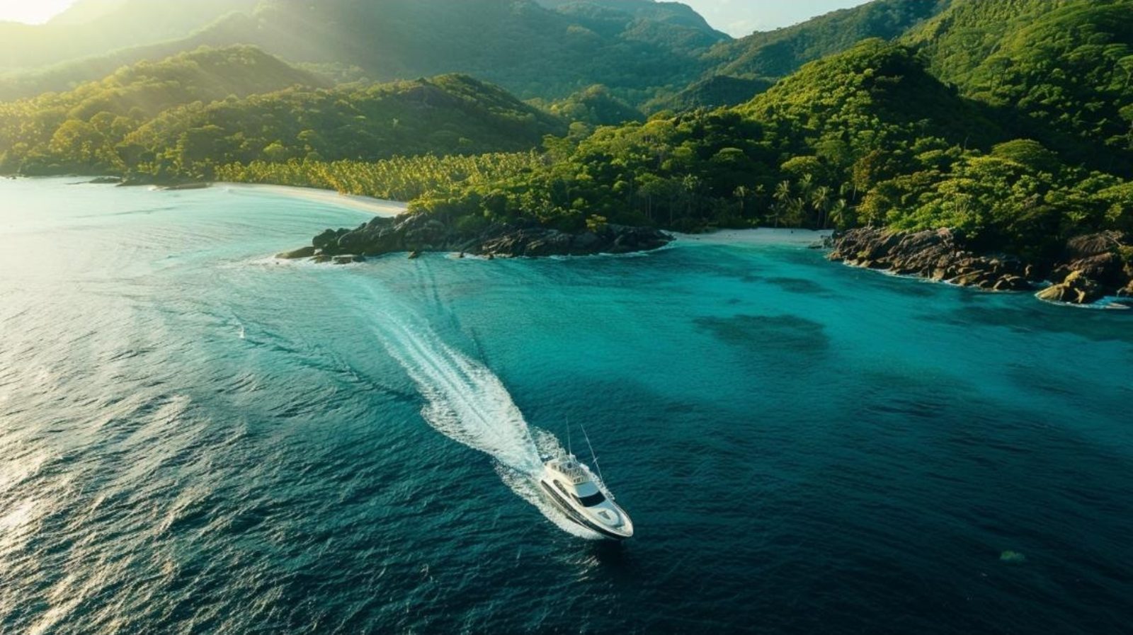Yacht along a forested island coastline